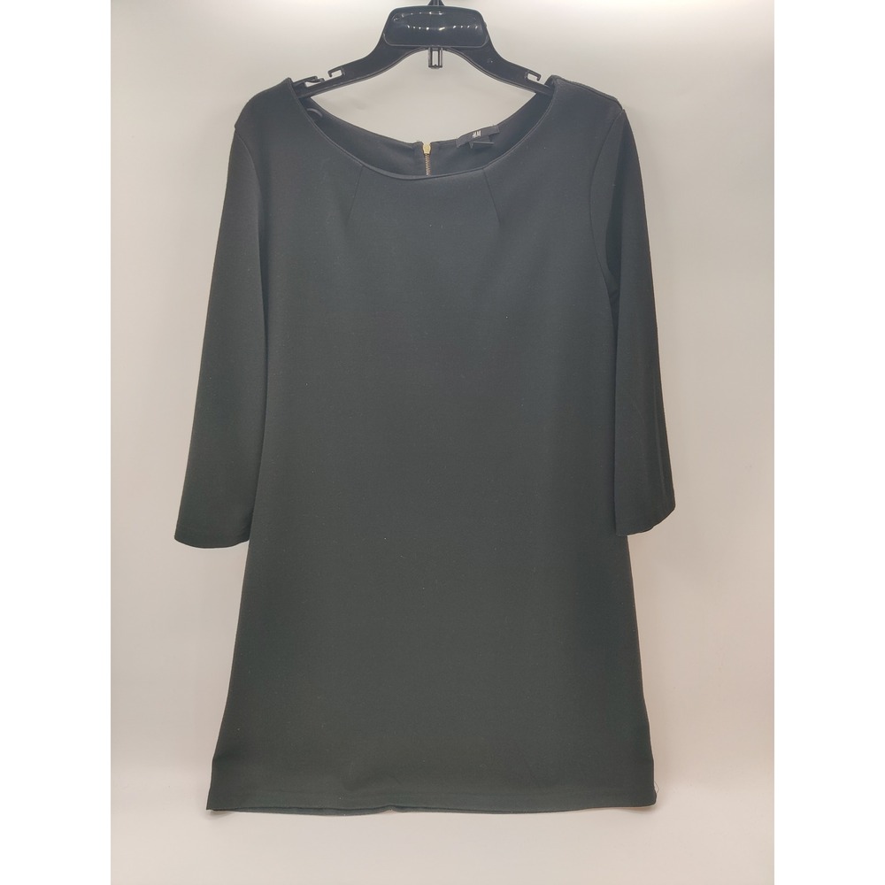 HM Black Shift Dress Womens Large 3/4 Sleeve Exposed Gold Zipper Scoop Neck LBD